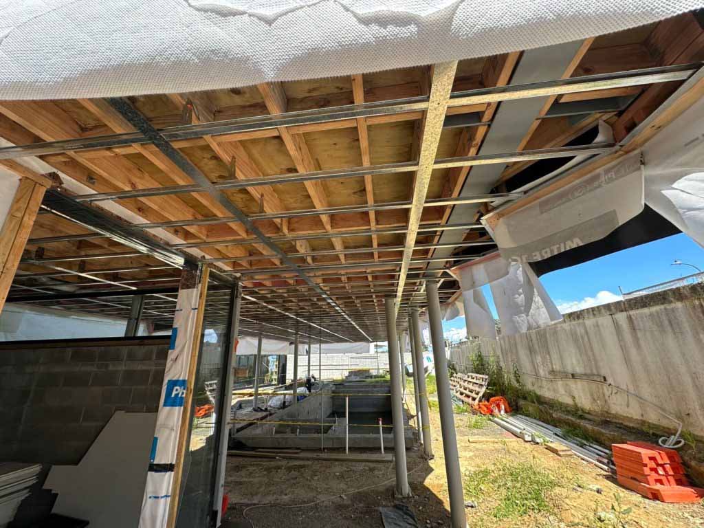 Rondo ceiling system installation in Auckland showing metal battens and suspended ceiling framing for plasterboard fixing